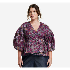 Kika Vargas women’s size 3x plus size purple and pink wrap blouse puff sleeves